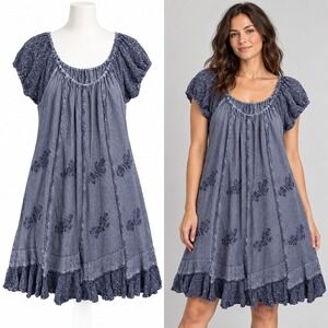 Gunit Fashions Dress Womens L Blue Rayon Embroidered Mineral Wash Bohemian Boho